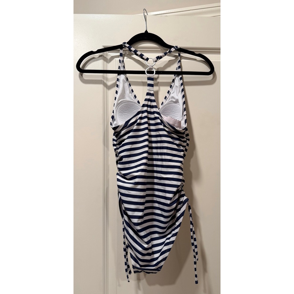 Kona Sol Navy White Striped Ruched One Piece Swimsuit Halter O-Ring Back Small
